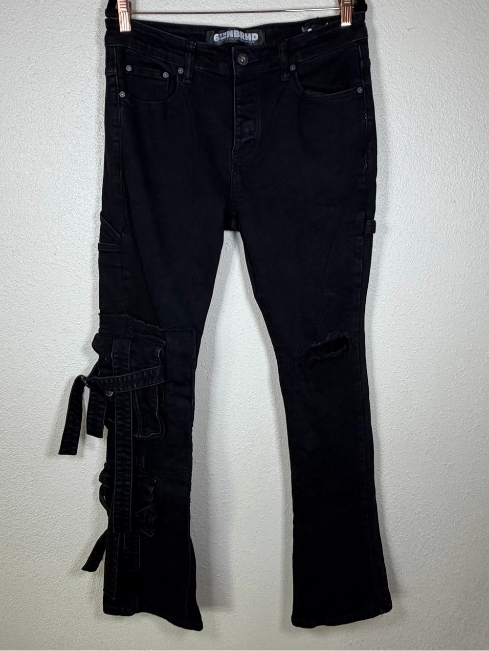 Women’s Black Stretch Flare Denim 34 Streetwear Cargo Goth Glam Punk Chic Cyber